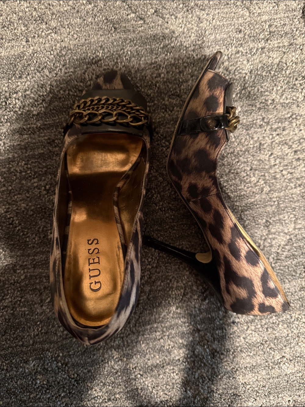 GUESS Leopard Print Chain Detail Heels - Brown